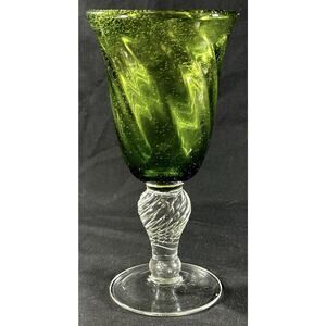 Hand Blown Art Glass Goblet Green Bubble Bowl Clear Twisted Stem 7.5”